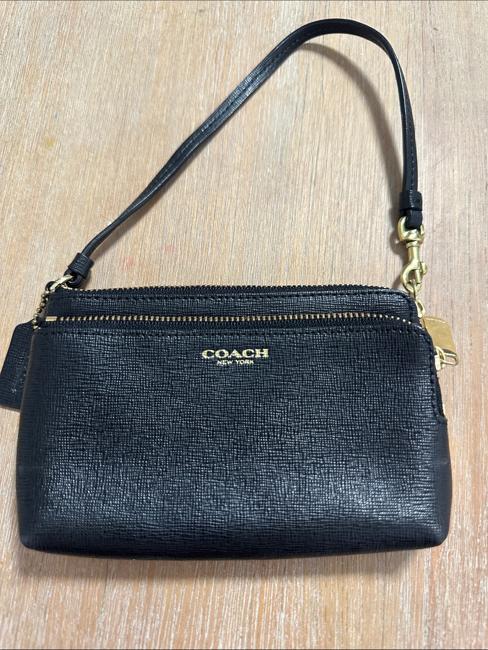 Coach Black Leather Wristlet with Gold Hardware